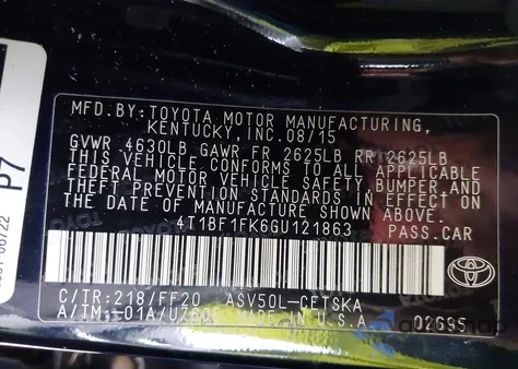 2016 Toyota Camry Se from USA, damaged, VIN 4T1BF1FK6GU121863